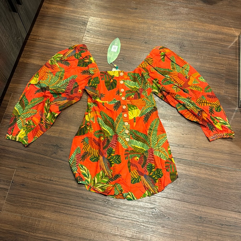 FARM Rio NWT Red Forest Birds Romper with Balloon Sleeves and front Buttons. - Picture 6 of 16